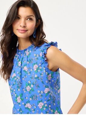 J. Crew Ruffle Neck Top Flutter Cotton Seacoast Blue XL